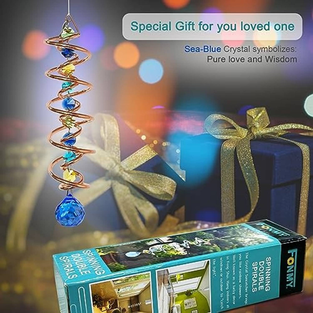 Blue-copper spiral wind spinner with blue crystal finial and multicolor glass swirl beads