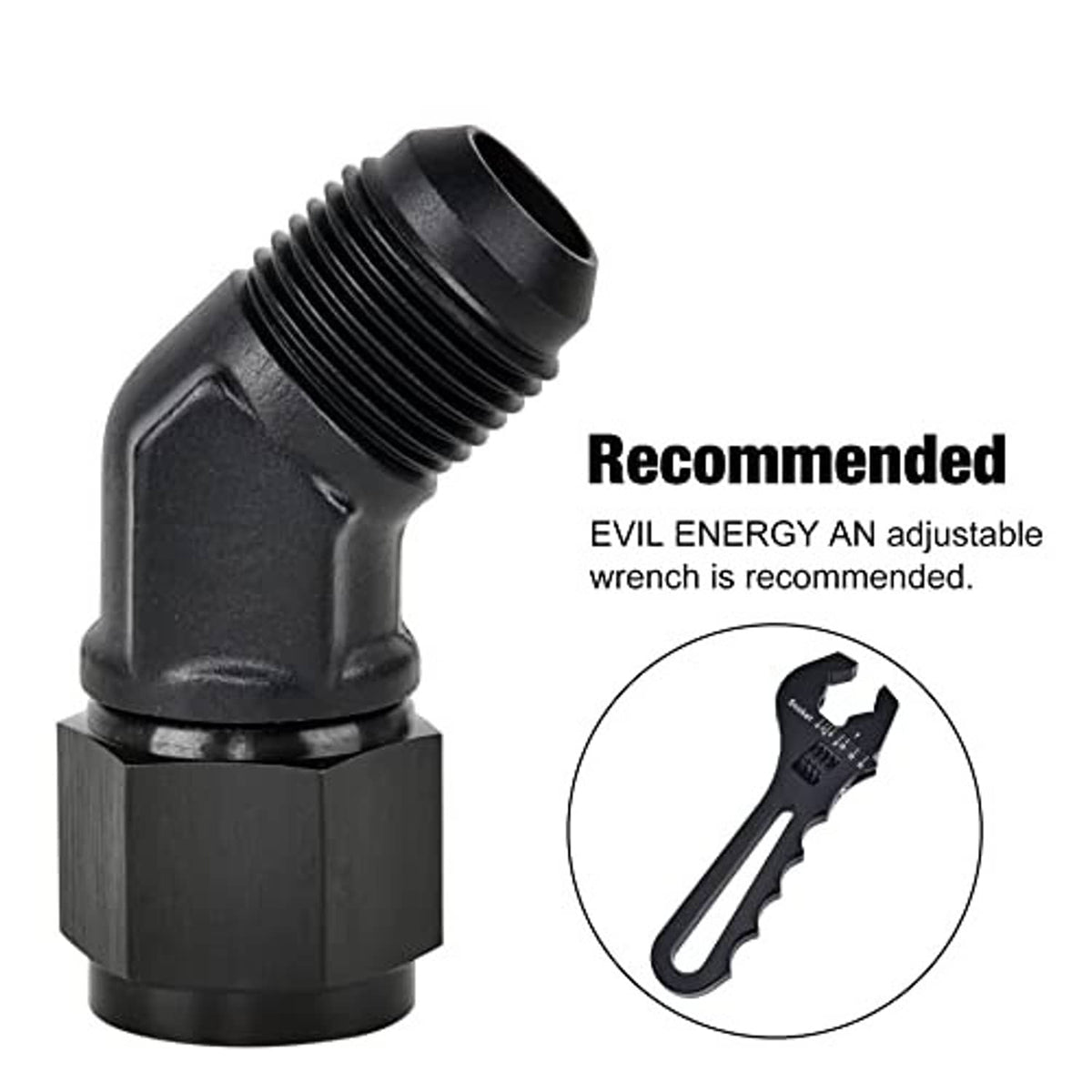 Black aluminum 45-degree AN flare swivel adapter fitting, angled elbow with dual threaded ends