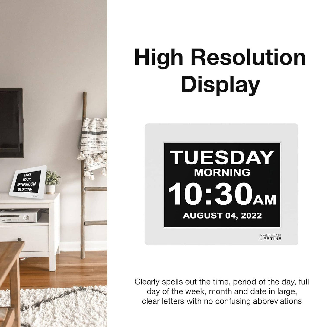 High-resolution wall digital dementia clock showing Tuesday morning 10:30 AM and August 4, 2022