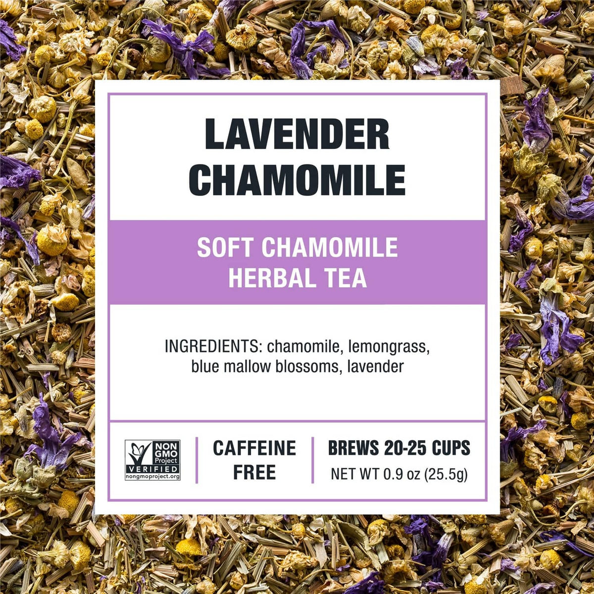 Lavender chamomile soft chamomile herbal tea label over loose leaf blend