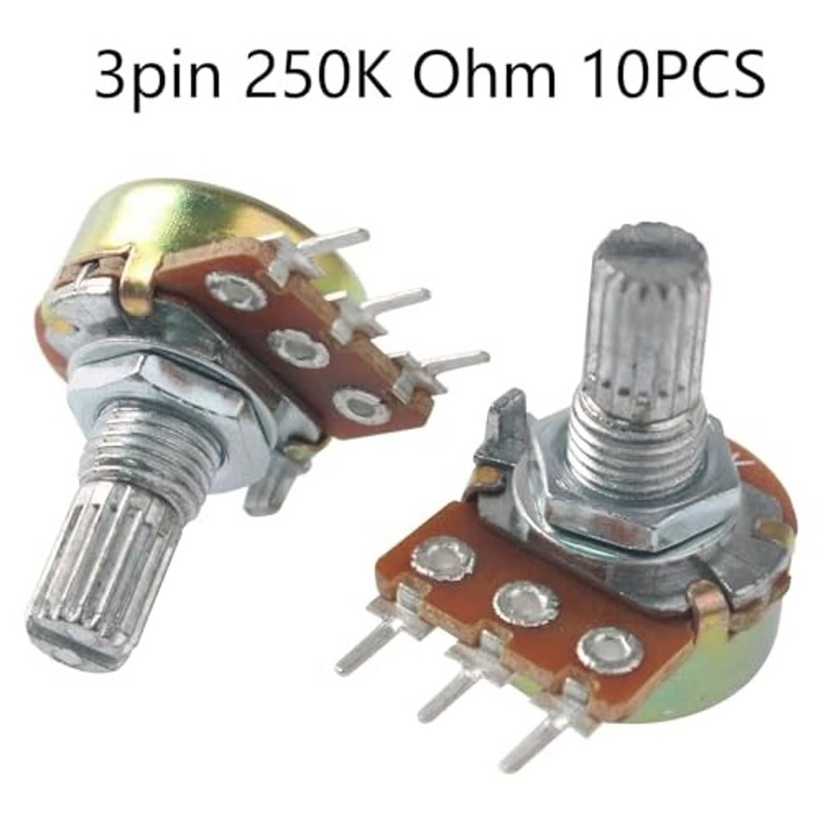 Two 3-pin 250k ohm potentiometers with metal adjustment shaft and brown circuit base