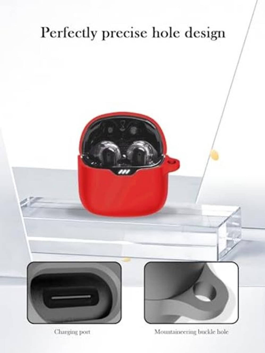 Red earbuds case with cutout showing charging port and mounting hook hole