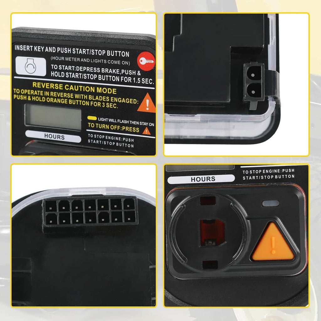 Hour service meter module close-up showing hours panel, caution icon, and control area