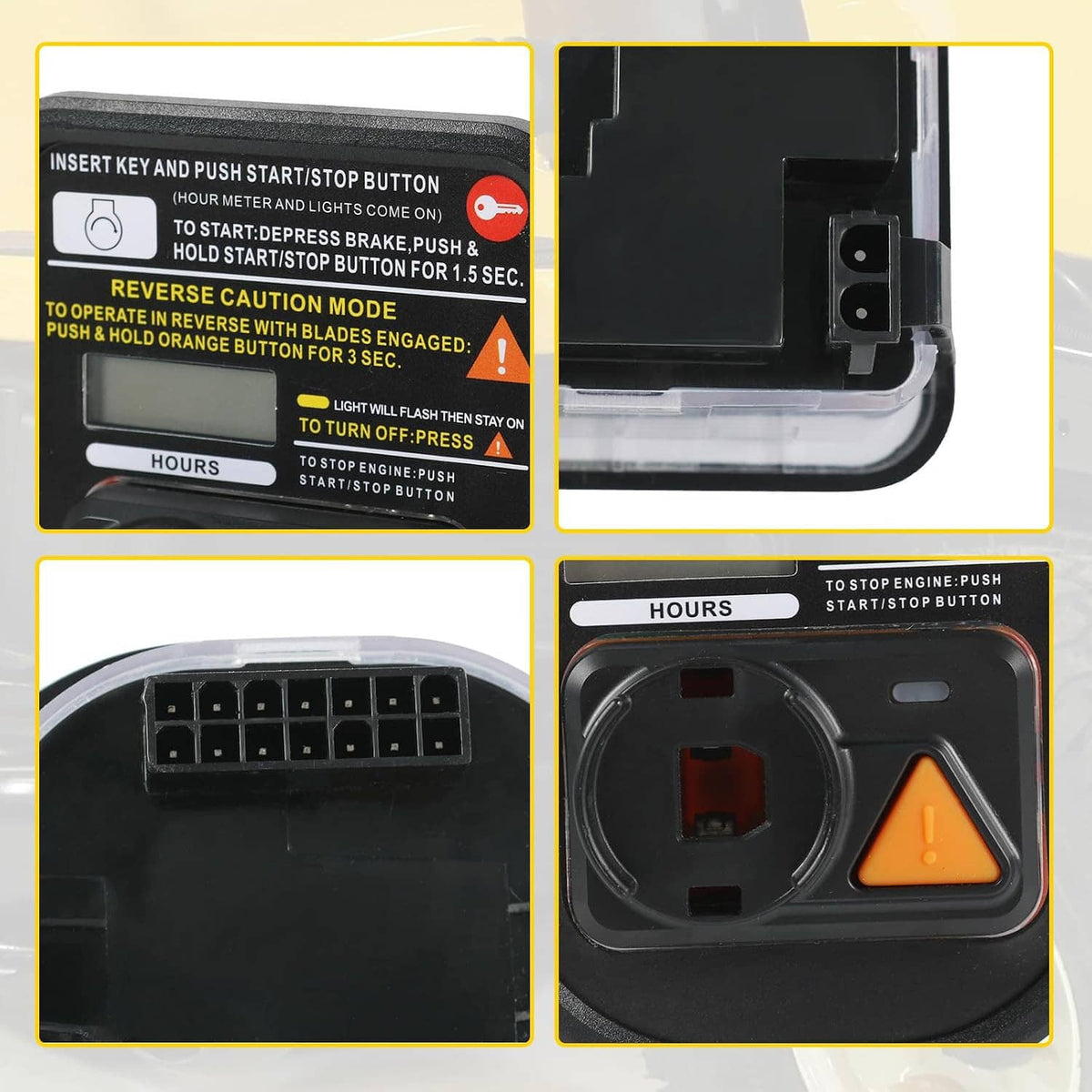 Hour service meter module close-up showing hours panel, caution icon, and control area