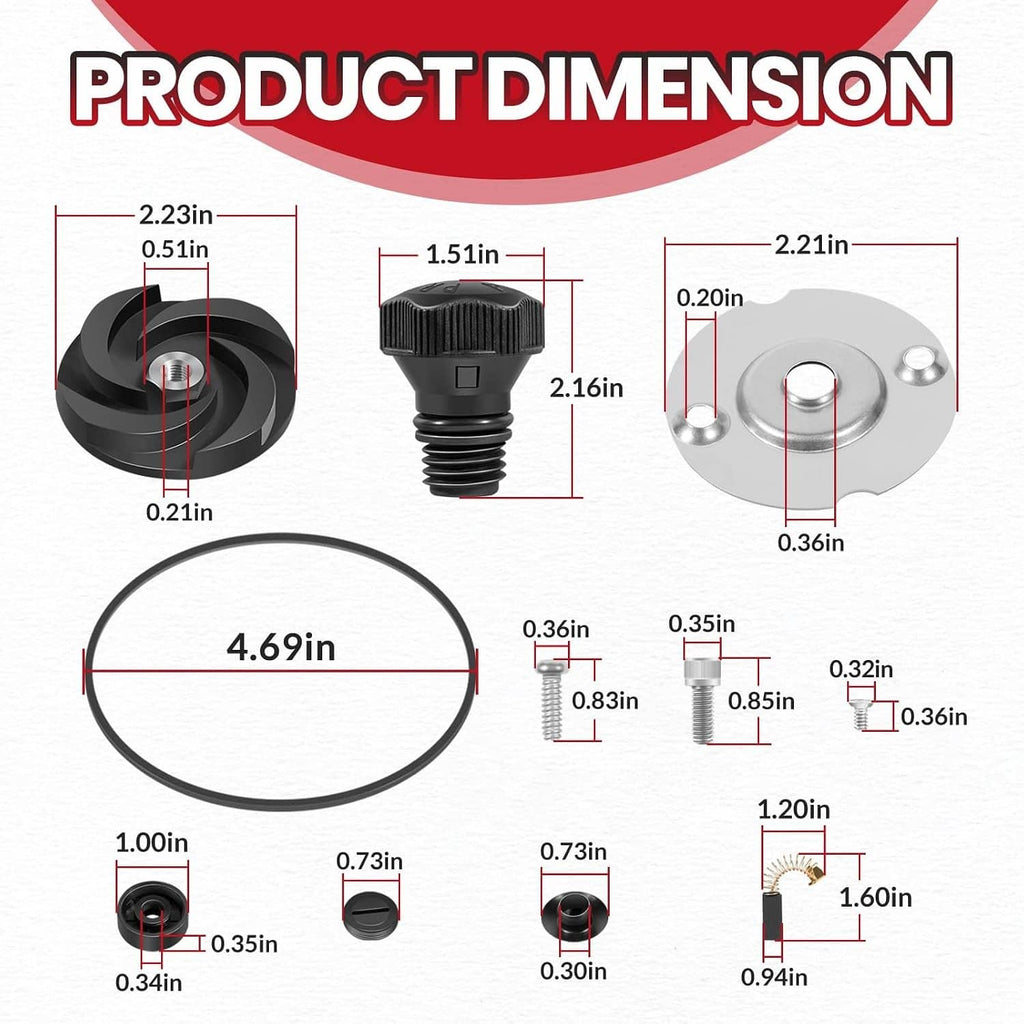 Pump rebuild kit dimension diagram with measurements for impeller, plug, seal, and gasket