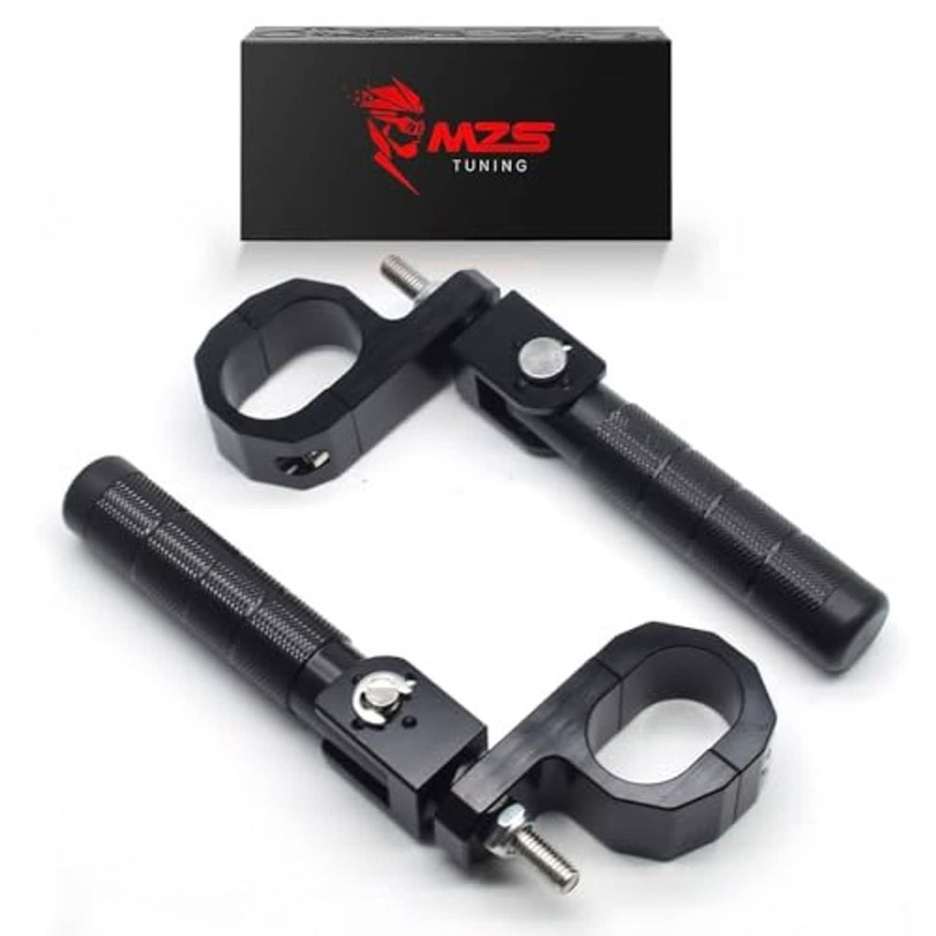 Motorcycle passenger folding footrest set, black textured grips with silver bolts, metal brackets.