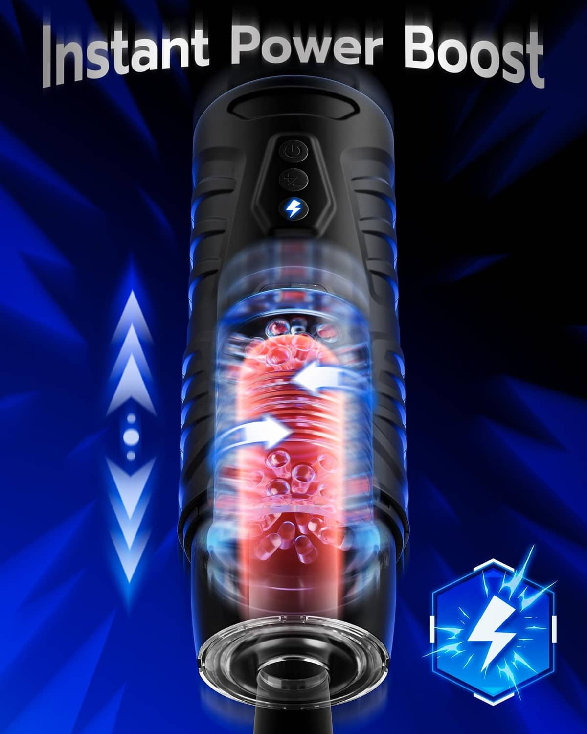 Black automatic masturbator with illuminated thrusting chamber, top and front view