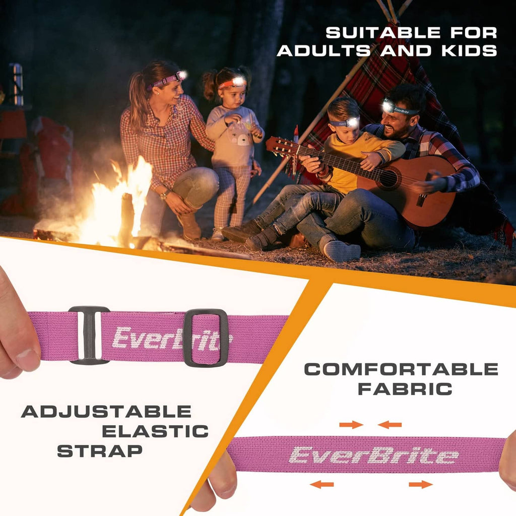 Pink adjustable kids headlamp elastic strap with comfortable fabric housing.