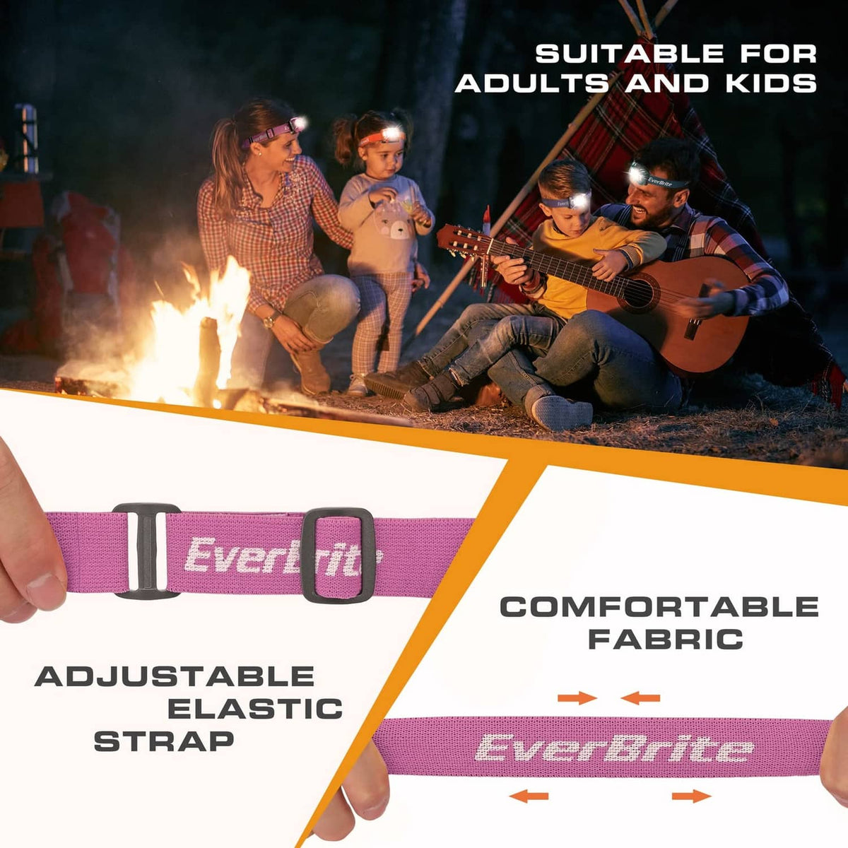 Pink adjustable kids headlamp elastic strap with comfortable fabric housing.