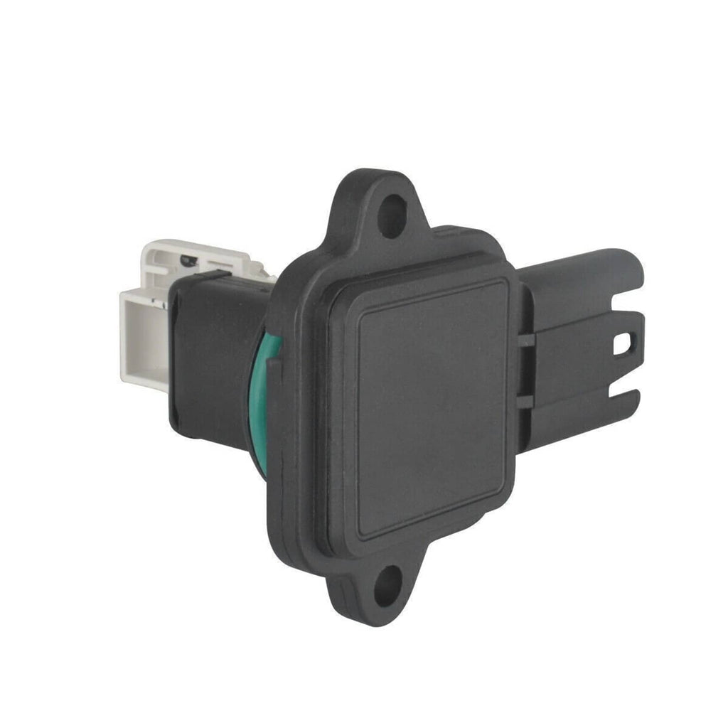 Mass air flow sensor with rectangular black housing and visible wire connector terminals