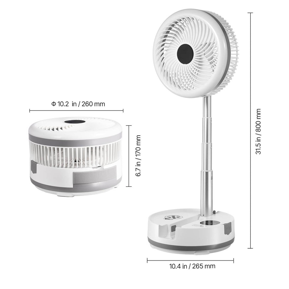 White rechargeable fan with round base, standing pole, and compact folded head