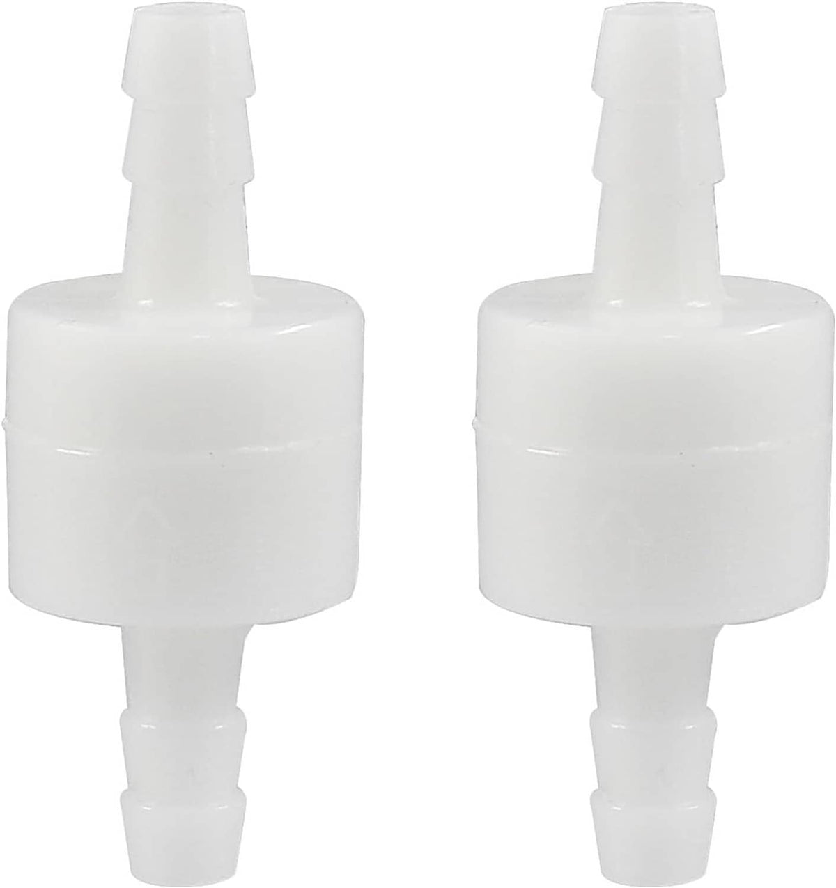 White inline one-way check valves, two-pack, barbed inlet and outlet ends