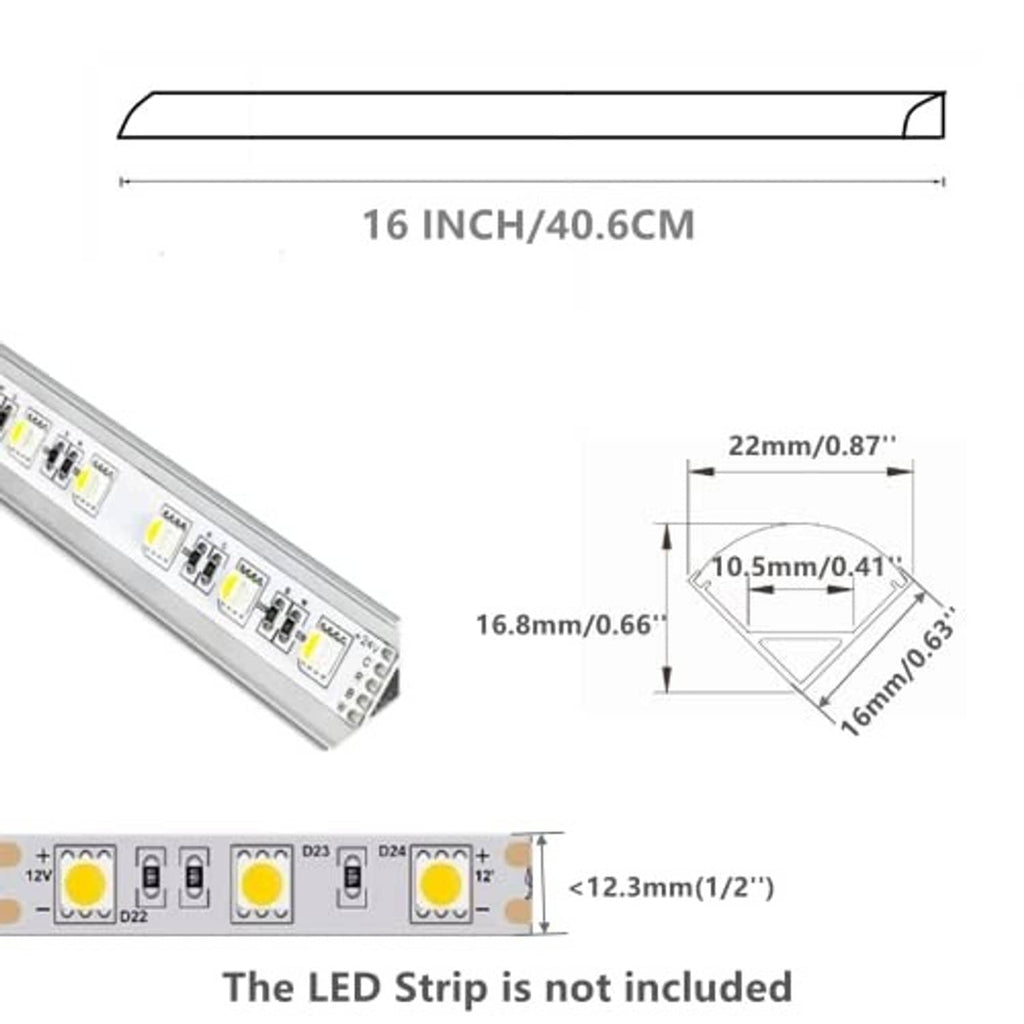 16-inch V-shaped LED strip channel profile with width and thickness measurement diagram