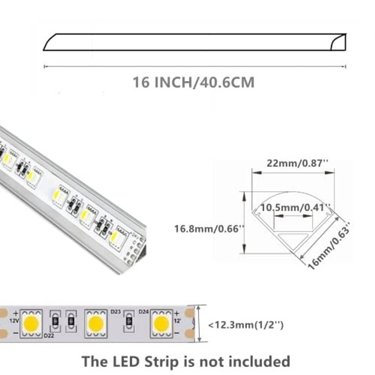 16-inch V-shaped LED strip channel profile with width and thickness measurement diagram