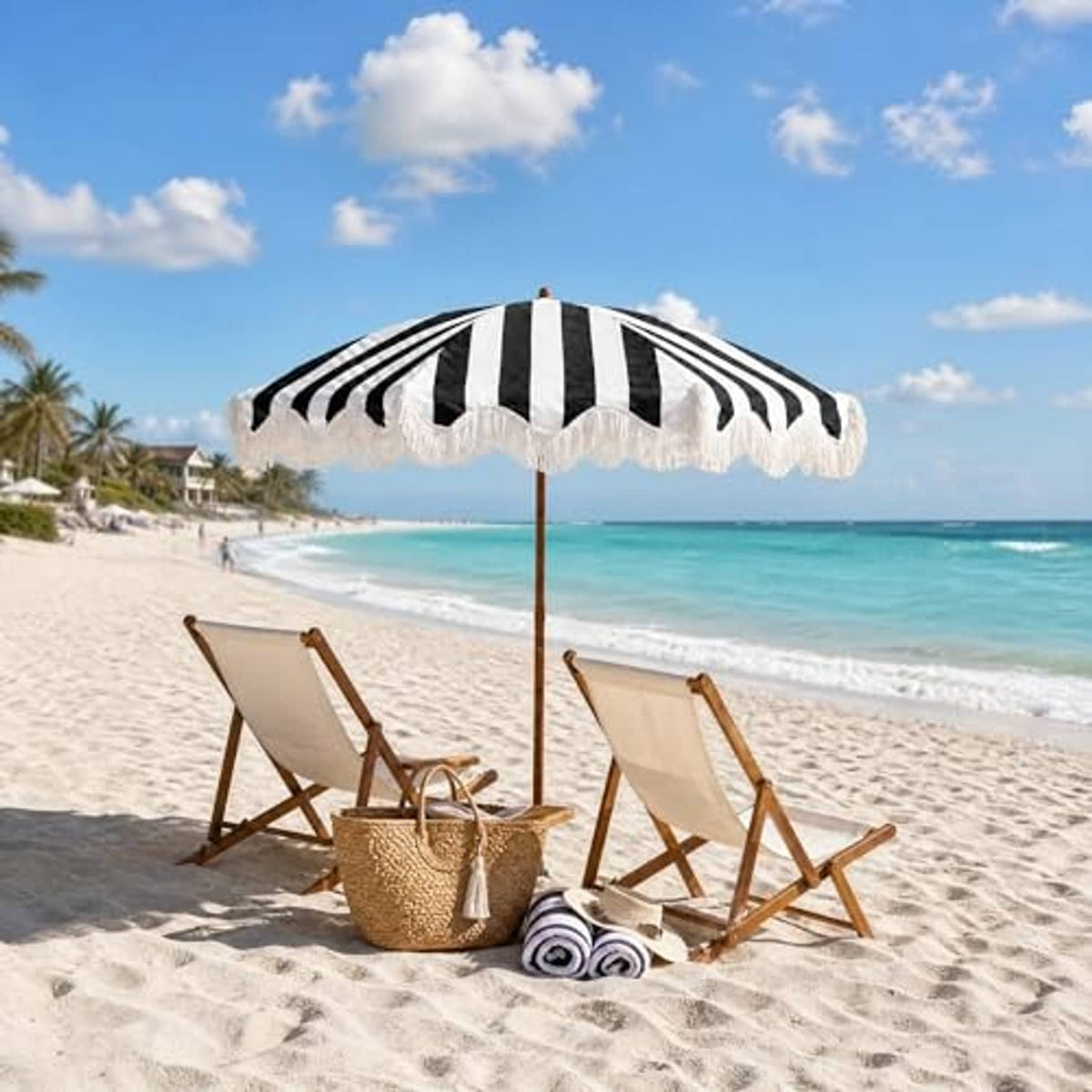 Black-and-white striped patio umbrella with white fringe and wooden center pole