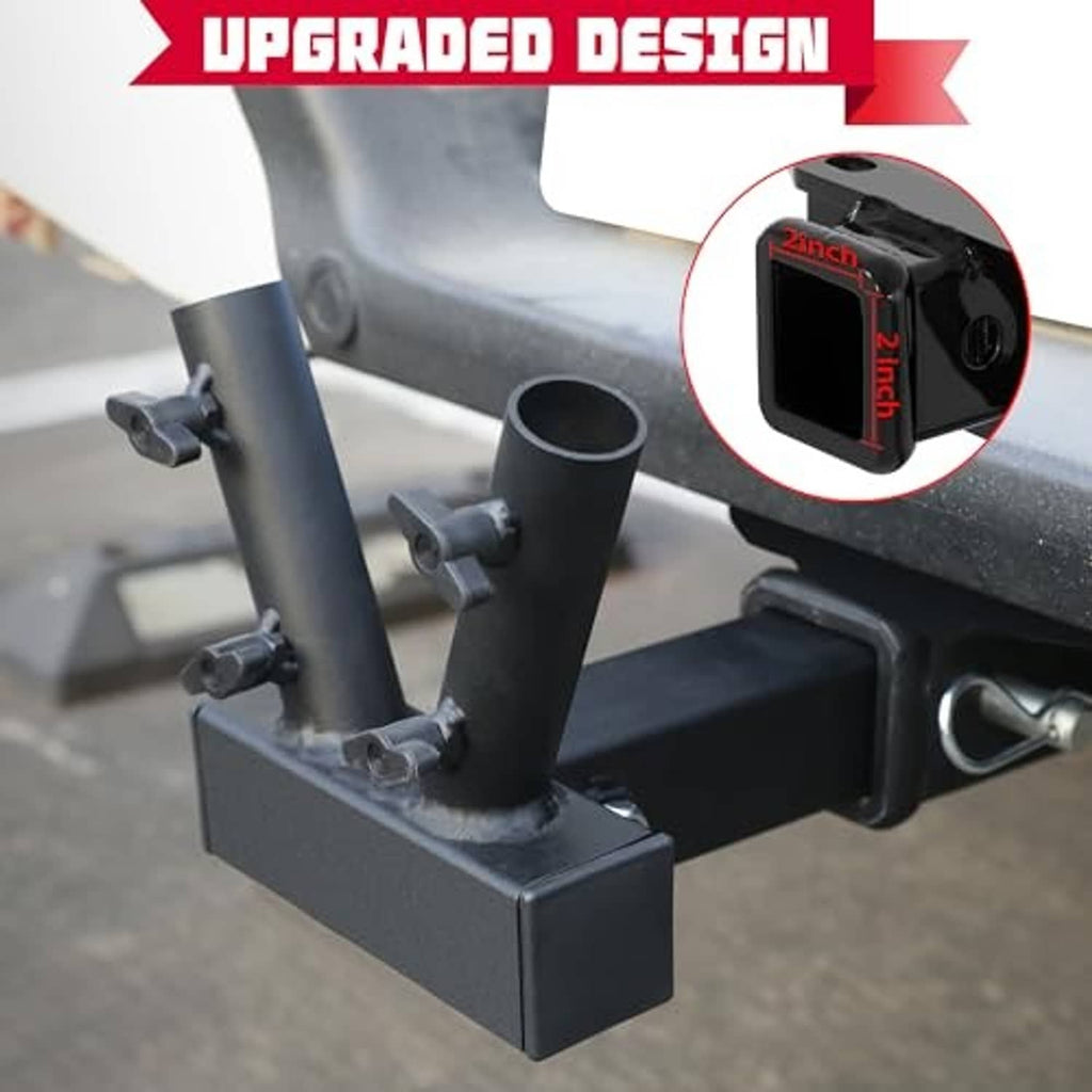 Black double flag pole hitch mount with two upright poles and side clamp bolts
