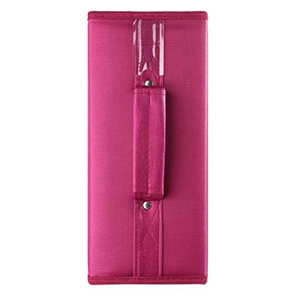 Magenta vertical disc case with side zipper track and inner handle strap detail.