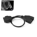 Diagnostic adapter cable with black 12-pin and OBD-style multi-pin connectors
