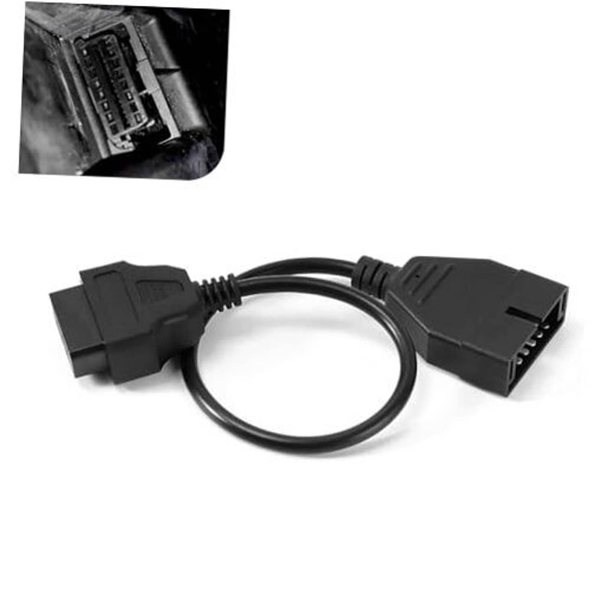 Diagnostic adapter cable with black 12-pin and OBD-style multi-pin connectors