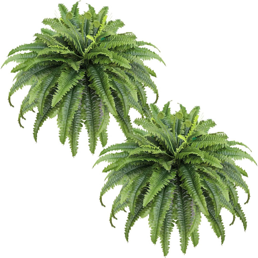 Set of 2 artificial green ferns with full fronds and detailed leaflets.