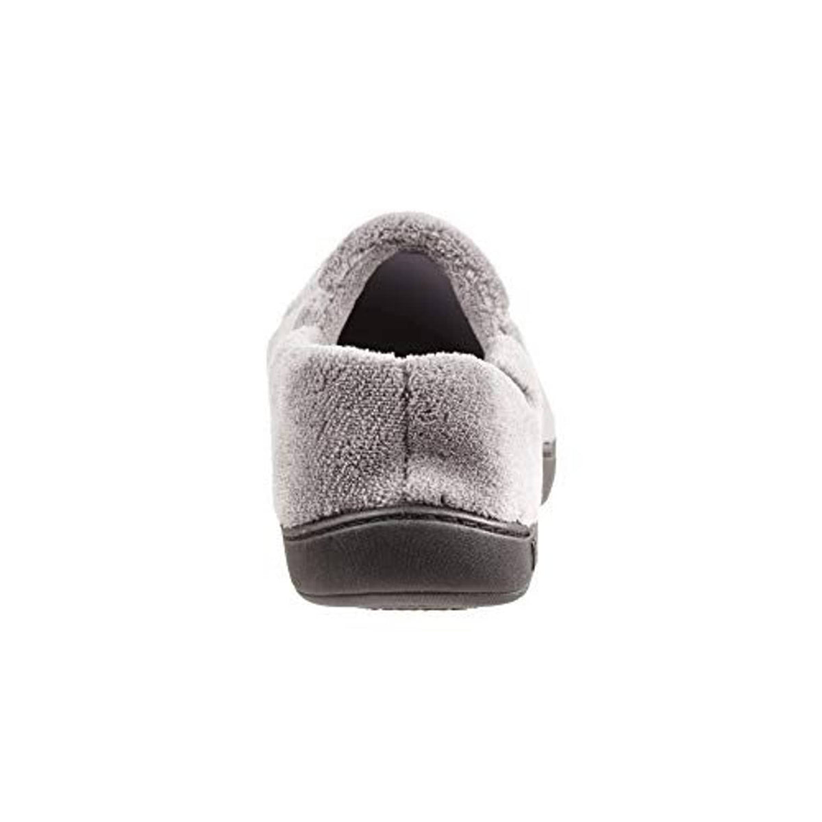 Men's charcoal microterry moccasin slipper, heel view with open collar lining