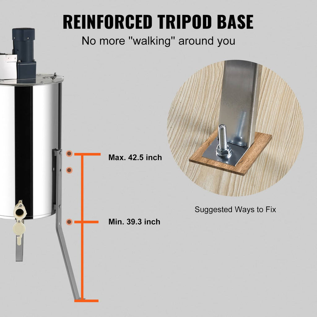 Electric honey extractor with reinforced tripod base, adjustable height legs