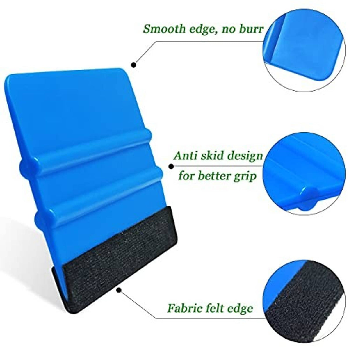 Blue squeegee tool with black felt fabric edge and non-slip ridged grip