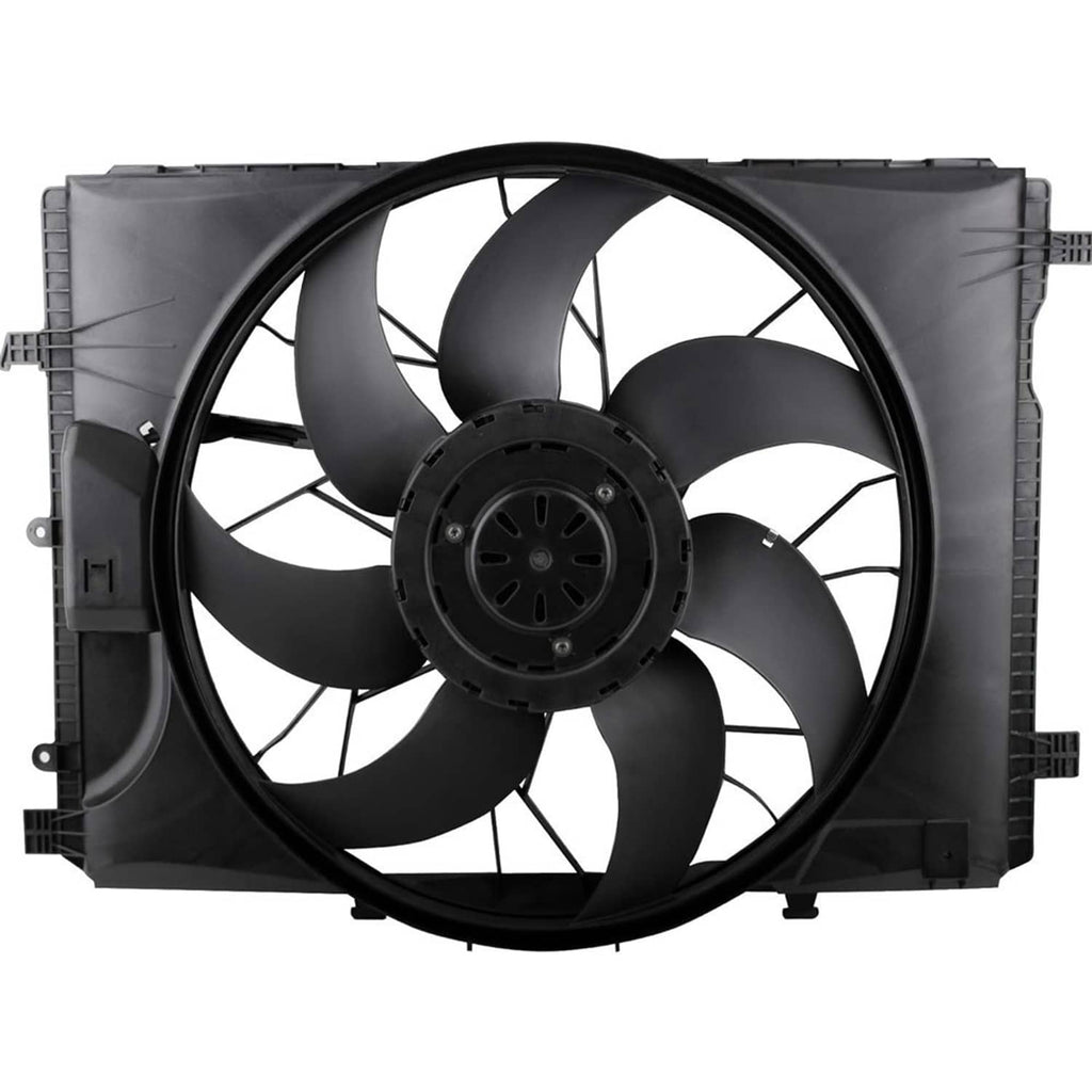 Mercedes-Benz radiator cooling fan with front view black blades and motor hub