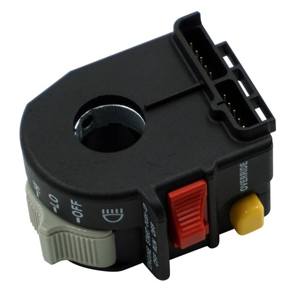 Left handlebar switch angled rear with connector pins, black housing, red rocker and yellow button