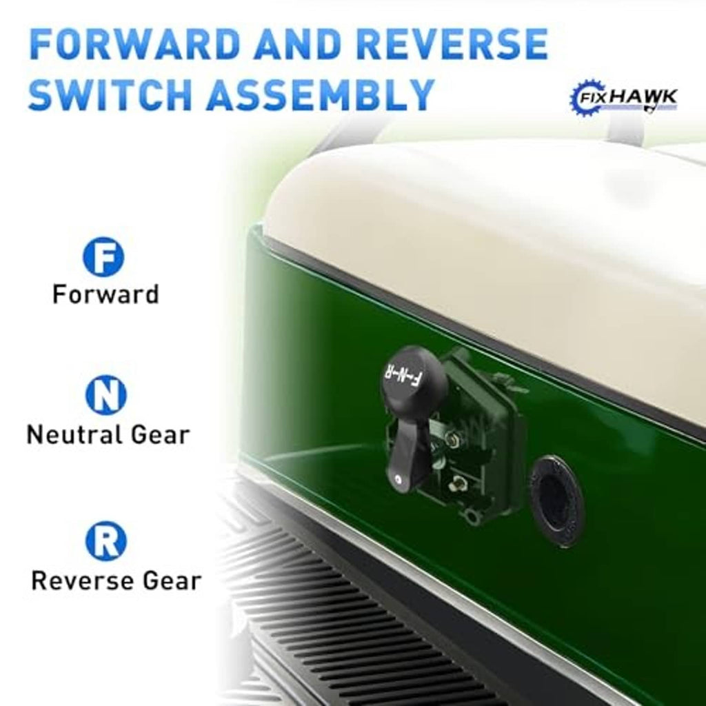 Forward and reverse switch assembly with black lever handle on green panel