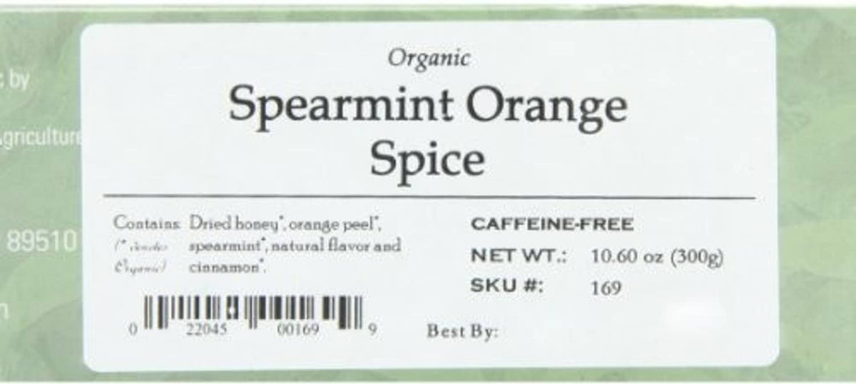 Organic Spearmint Orange Spice tea label with ingredients, caffeine-free, and SKU info