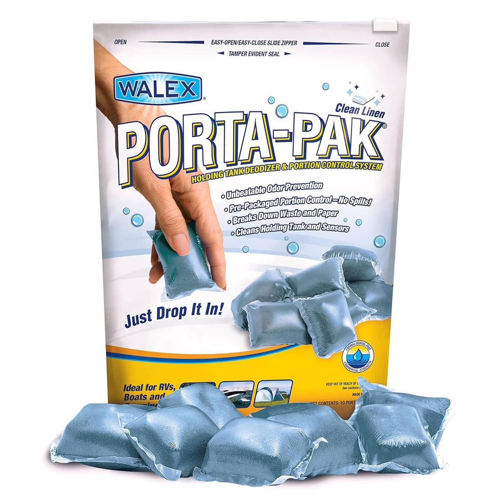 Walex Porta-Pak RV toilet treatment drop-in pack, white bag with blue packets