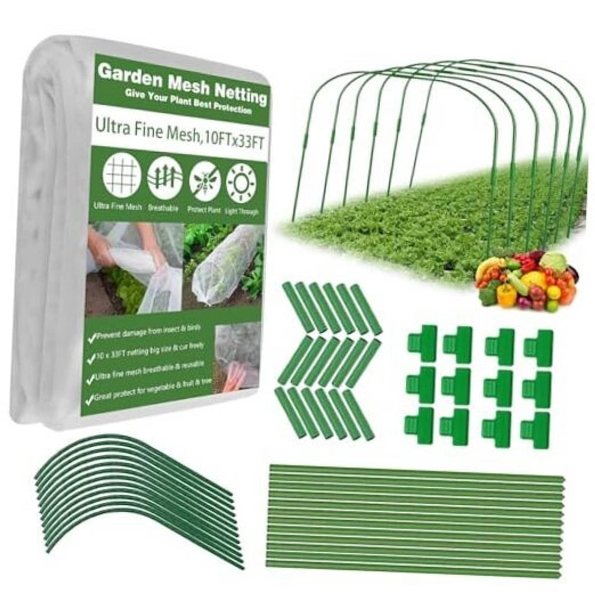 Green ultra-fine garden mesh netting with curved support hoops and connecting clips
