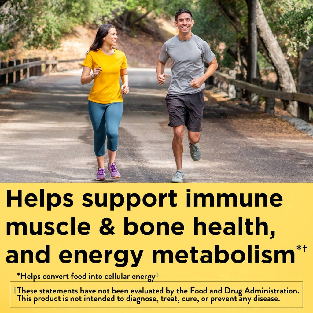 Multivitamin supplement ad with runners and immune, muscle, bone, energy text