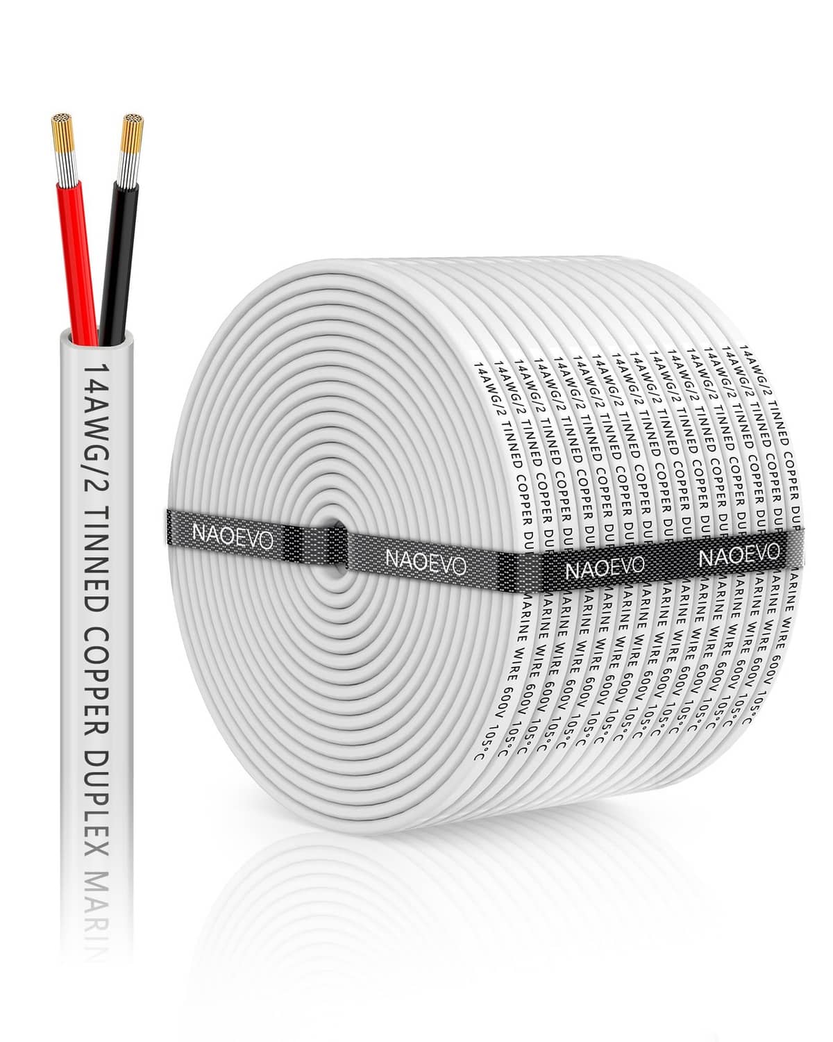 Coiled white PVC-jacket duplex marine wire with tinned copper conductors, 14 AWG.