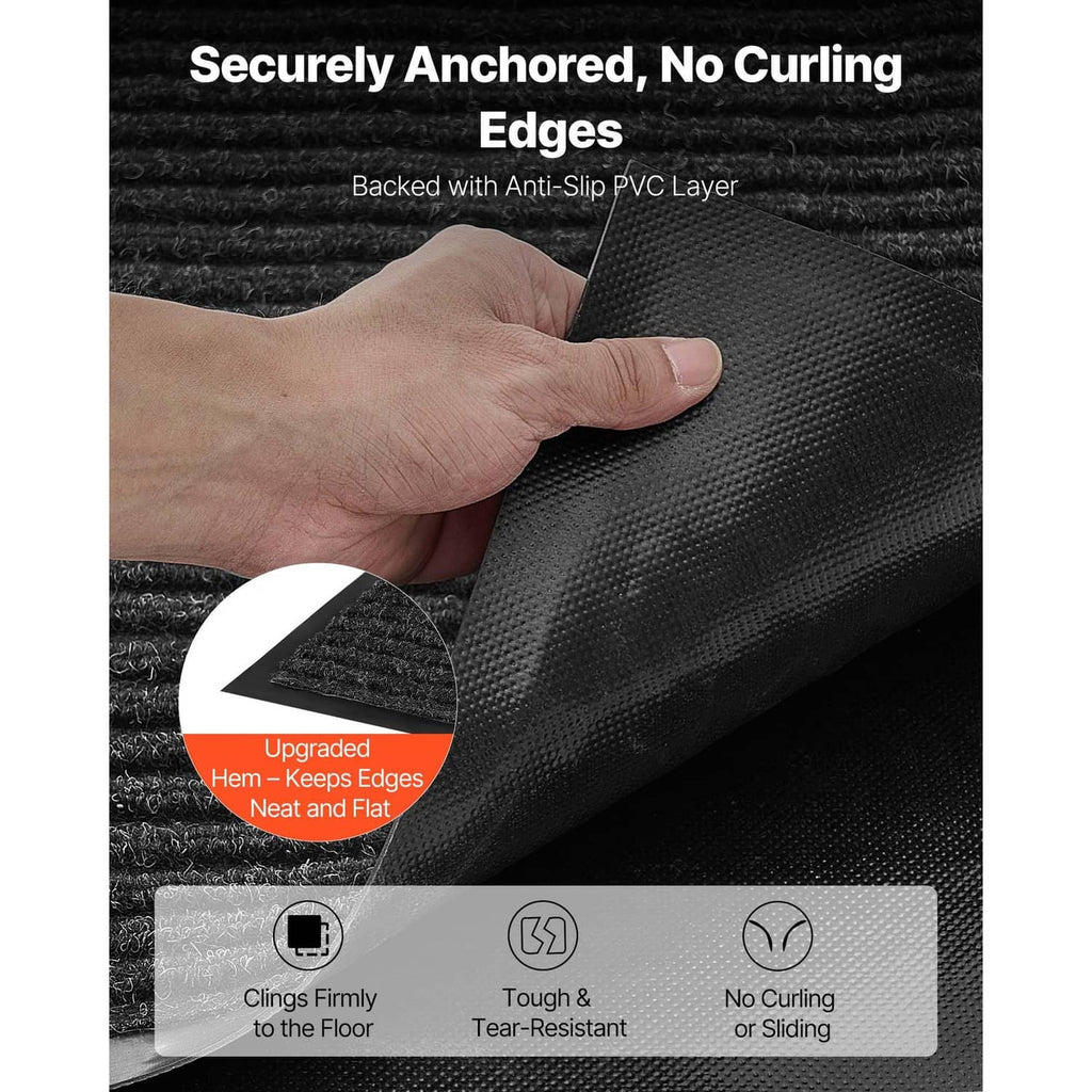 Rectangular black door mat with grippy backing layer and anti-curl, flat edges.