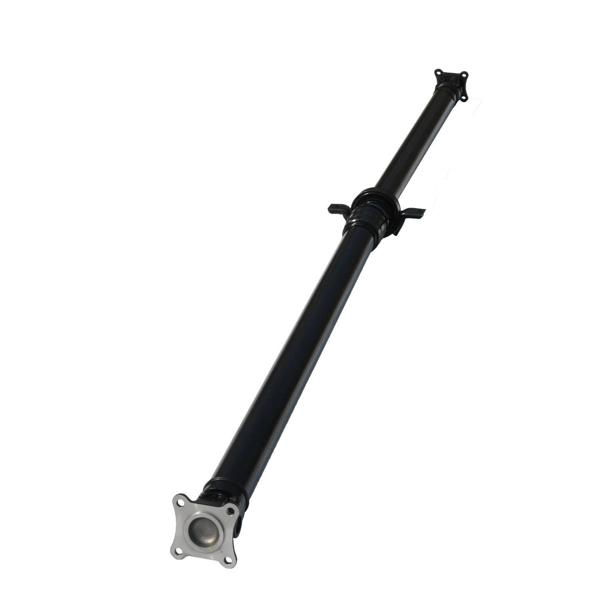 Driveshaft prop shaft, black tubular body with end flange and center support bracket.