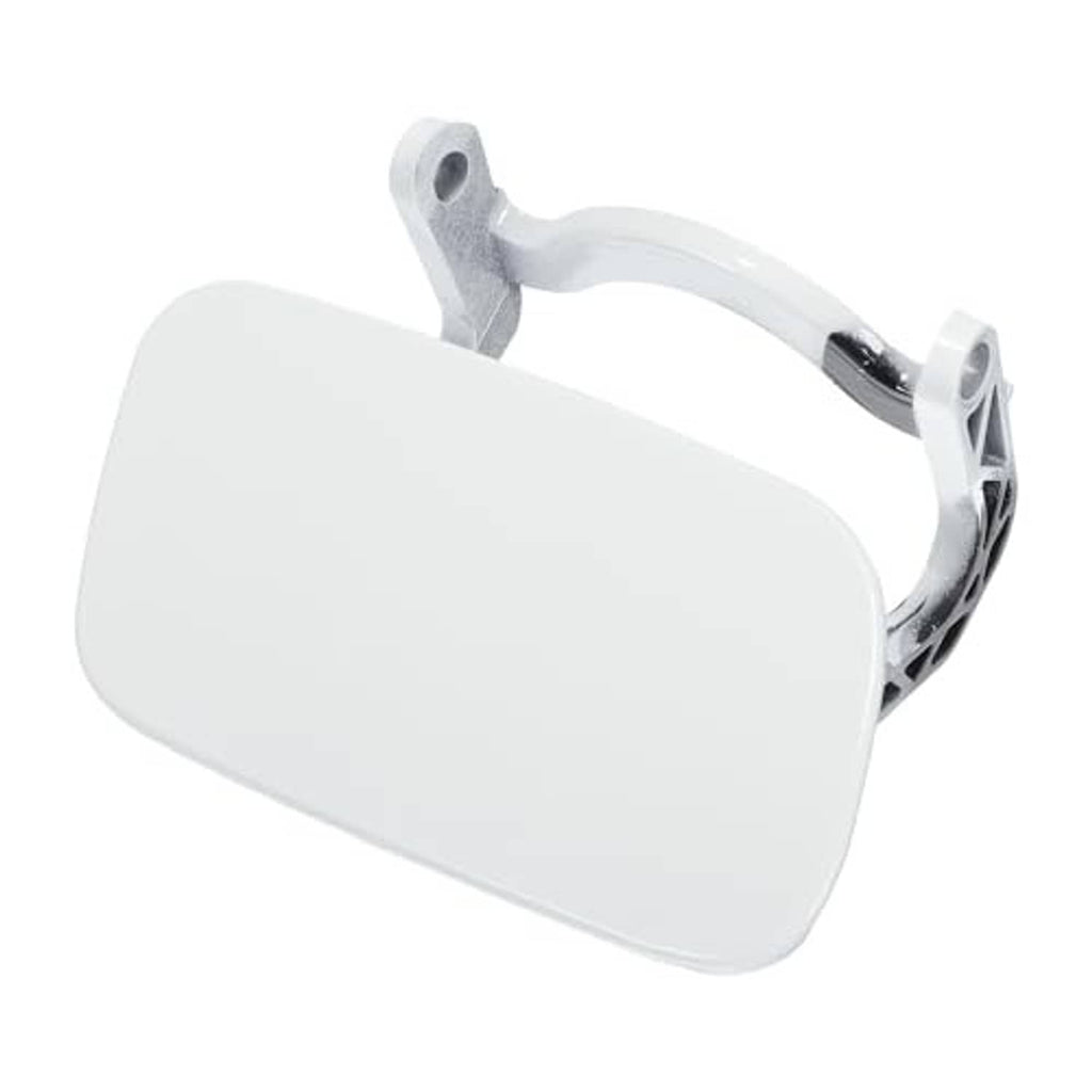 White headlight washer nozzle cover cap, front bumper right side, angled close-up