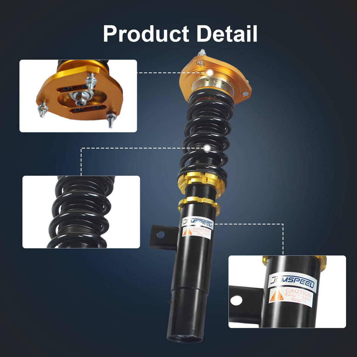 Single coilover strut detail with black spring, gold top mount, and black shock body