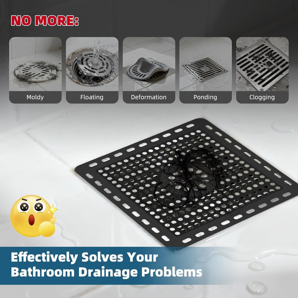 Matte black square shower drain hair catcher with perforated grid and round strainer center
