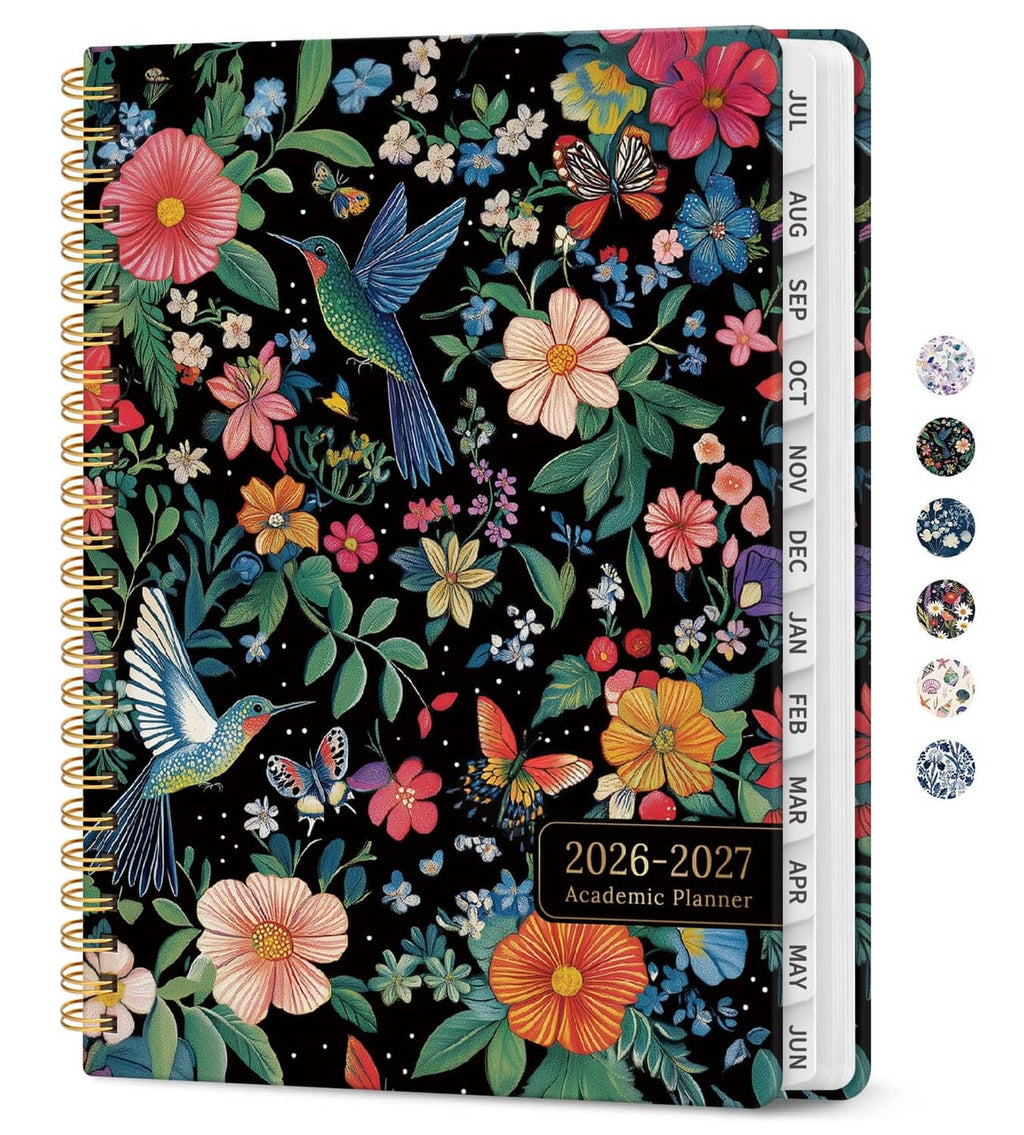 Floral hummingbird academic planner with spiral binding and elastic band