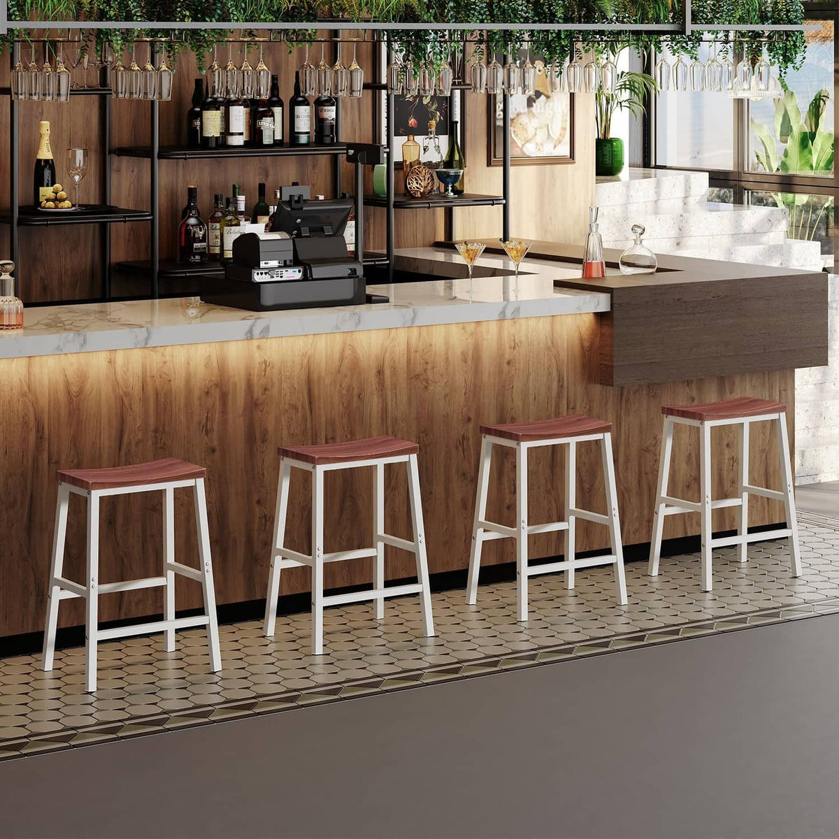 RivetOak HOOBRO Bar Stools, Set of 2 15.4"L x 9.1"W x 23.6"H, Walnut + White