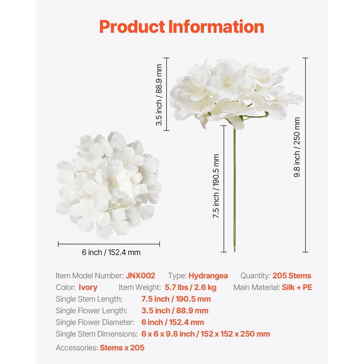 White artificial silk hydrangea bouquet with green stems and round flower cluster