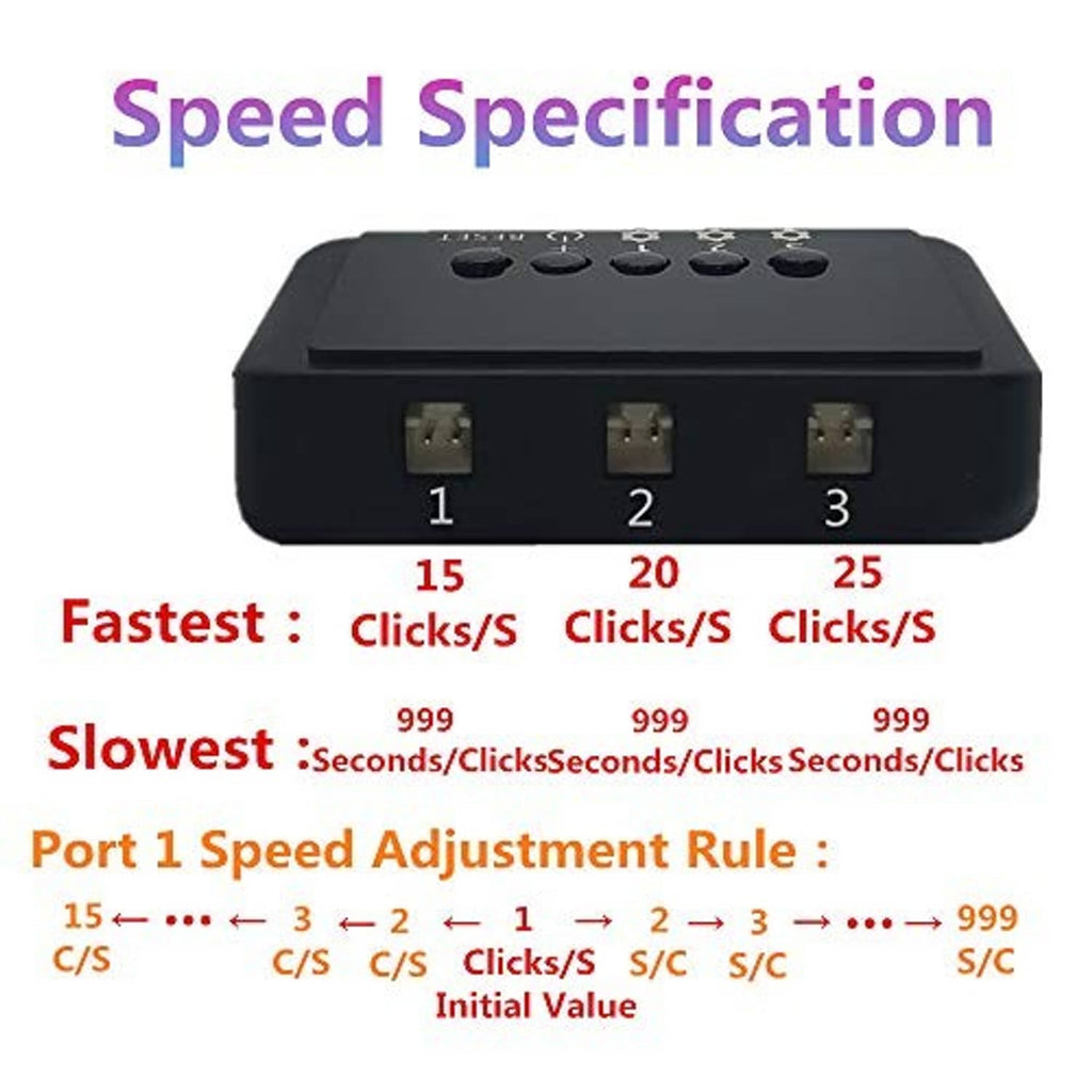 Black auto clicker box with three speed ports and top button controls.
