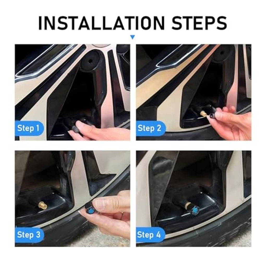 Hand installing universal alloy valve stem cap; blue skull emblem visible