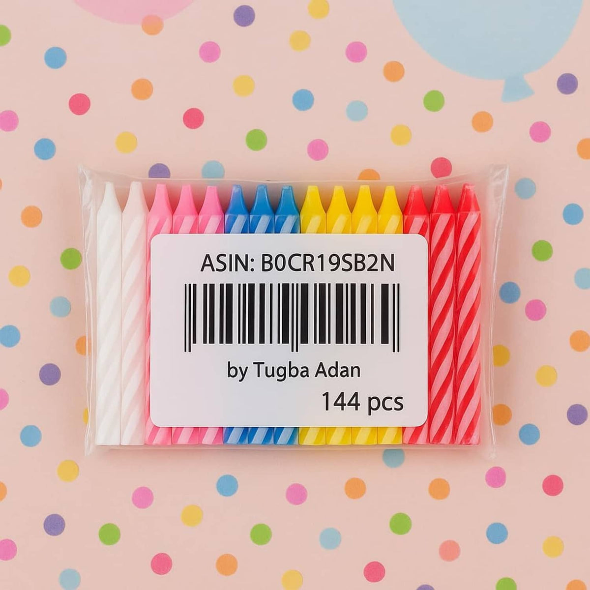 Individually packed mixed-color striped birthday candles in a clear bag