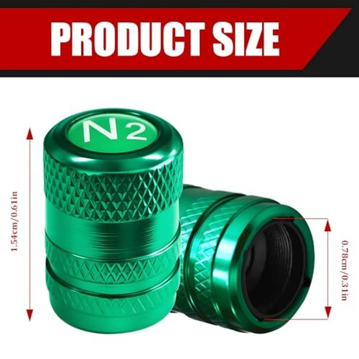 Green aluminum tire valve stem caps with N2 top logo; one open-end cap shown.
