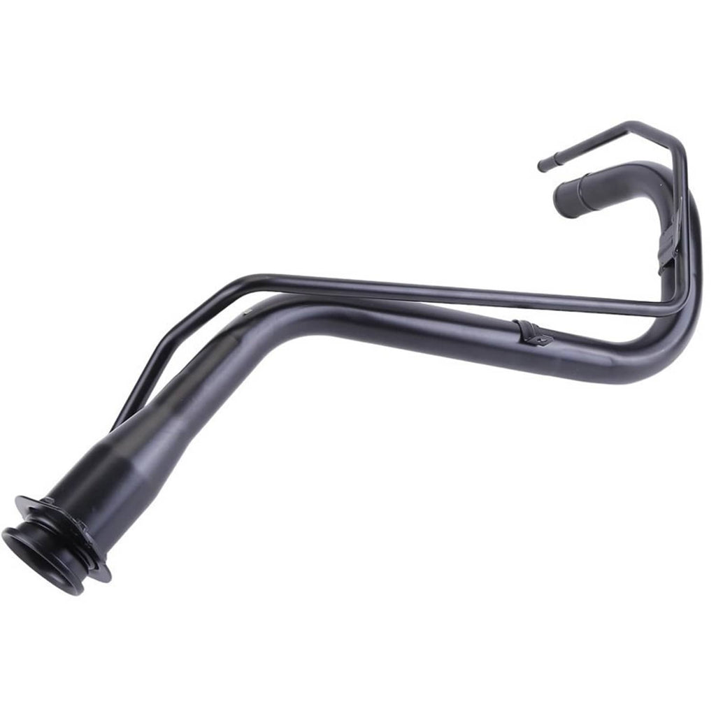 Fuel tank filler neck pipe, black metal tube with bend and capped inlet opening