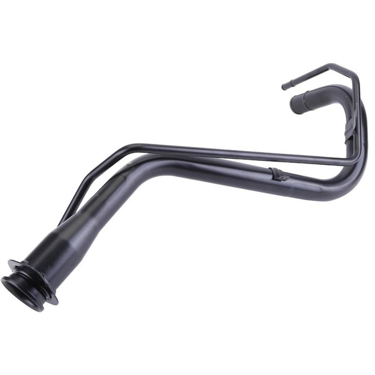 Fuel tank filler neck pipe, black metal tube with bend and capped inlet opening
