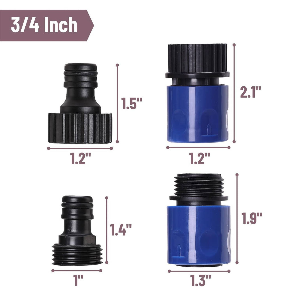 3/4 inch blue and black male-female garden hose quick connector set size diagram